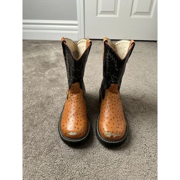 Young Cowboy Western Boots Old West Ostrich Boots Brown Leather, Size 070, US 7 - Picture 3 of 6